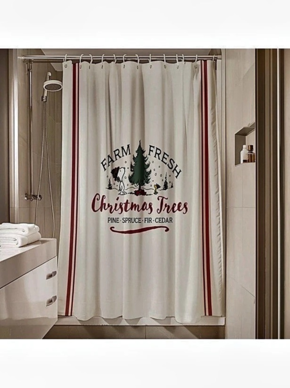 Peanuts Farm Fresh Christmas Trees Holiday Shower Curtain Shower Curtain Snoo